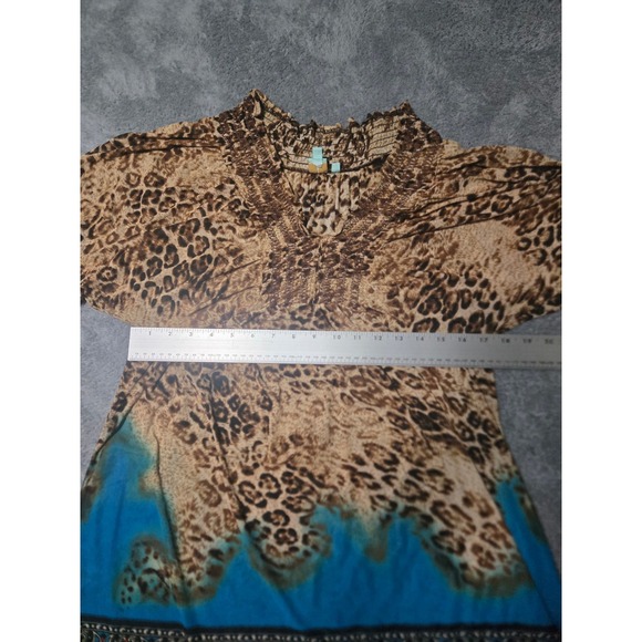 ShuShu Leopard Animal Print Boho Top Size L Smocked Neckline Tribal Border FLAWS - Picture 9 of 11